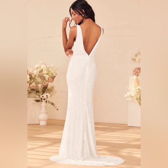The Sweetest Vows White Beaded Sequin Mermaid Maxi Dress size L - Picture 4 of 5